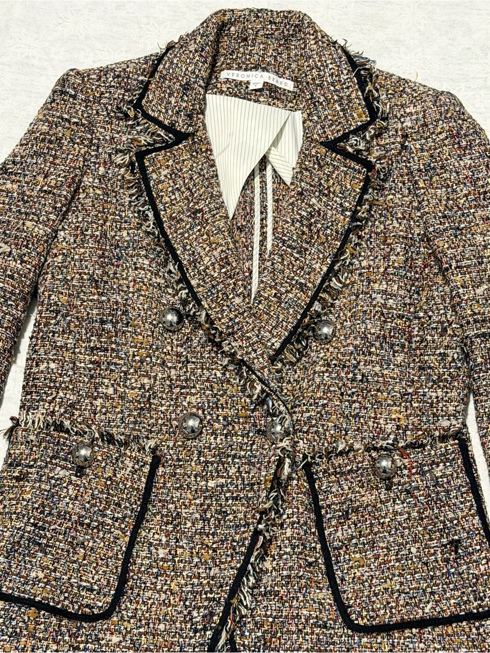 Veronica Beard Tweed Blazer Womens 6 Multicolor Fringe Double Breasted Jacket